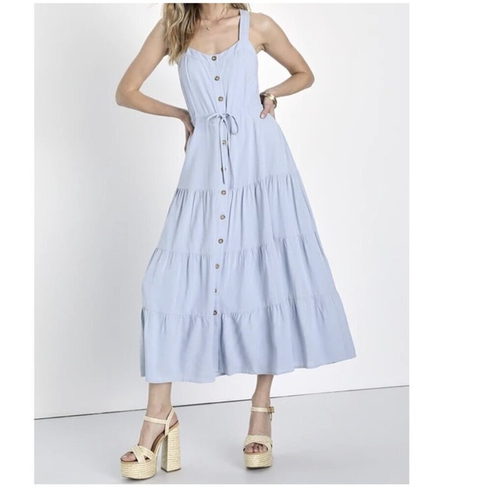 Lulus New See the City Light Blue Button-Front Tiered Boho Cottage Midi Dress
